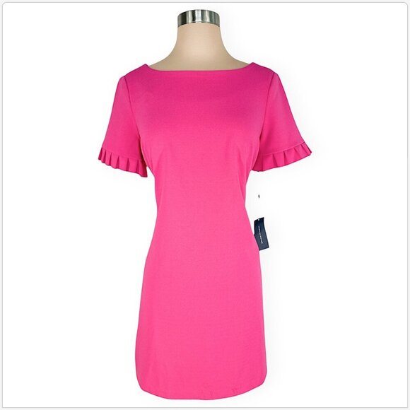 Tommy Hilfiger Hot Pink Scuba Crepe Ruffle Sleeve Stretch Dress Summer NWT New 8 - Picture 3 of 5
